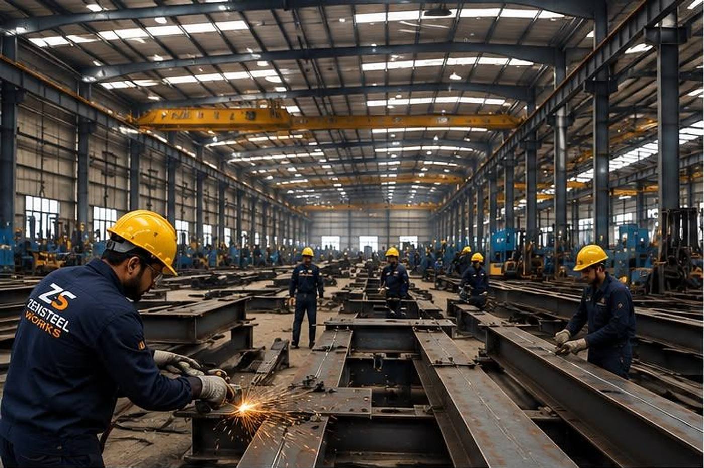 Inside the Zensteel Works fabrication shop: a welder in company uniform grinding a steel section while fabricators work along rows of beams under an overhead travelling crane