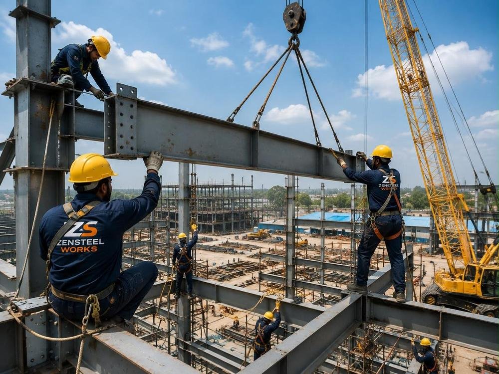 Zensteel Works erection crew guiding a steel beam into a portal frame while a crawler crane holds the lift