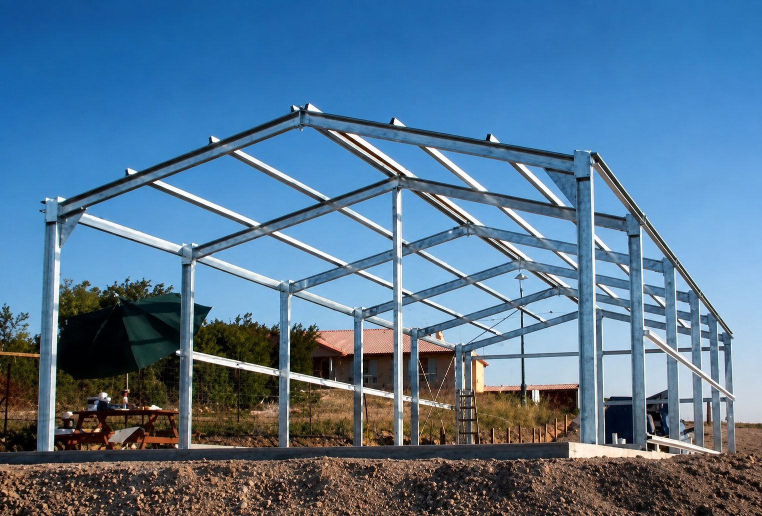 Galvanised pre-engineered building portal frame erected on a concrete plinth against a clear blue sky