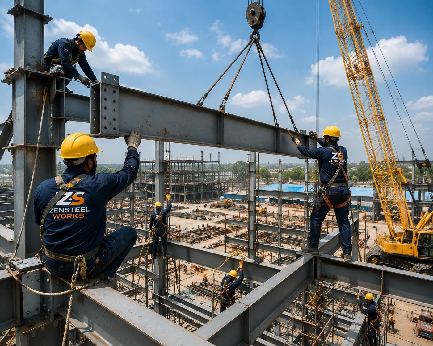 Erectors landing a steel beam onto a column connection at height while a crane holds the lift
