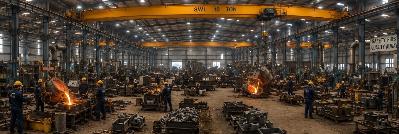 Foundry bay with moulding boxes laid out along the floor beneath an overhead travelling crane