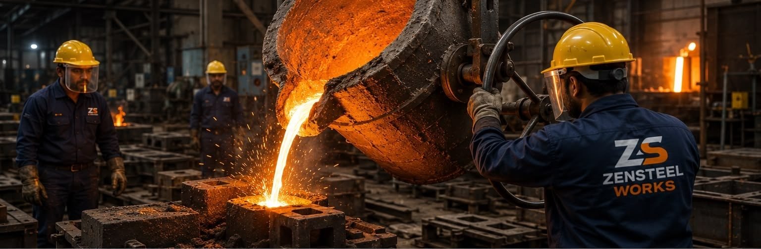 Molten metal being poured from a ladle into a sand mould on the foundry floor