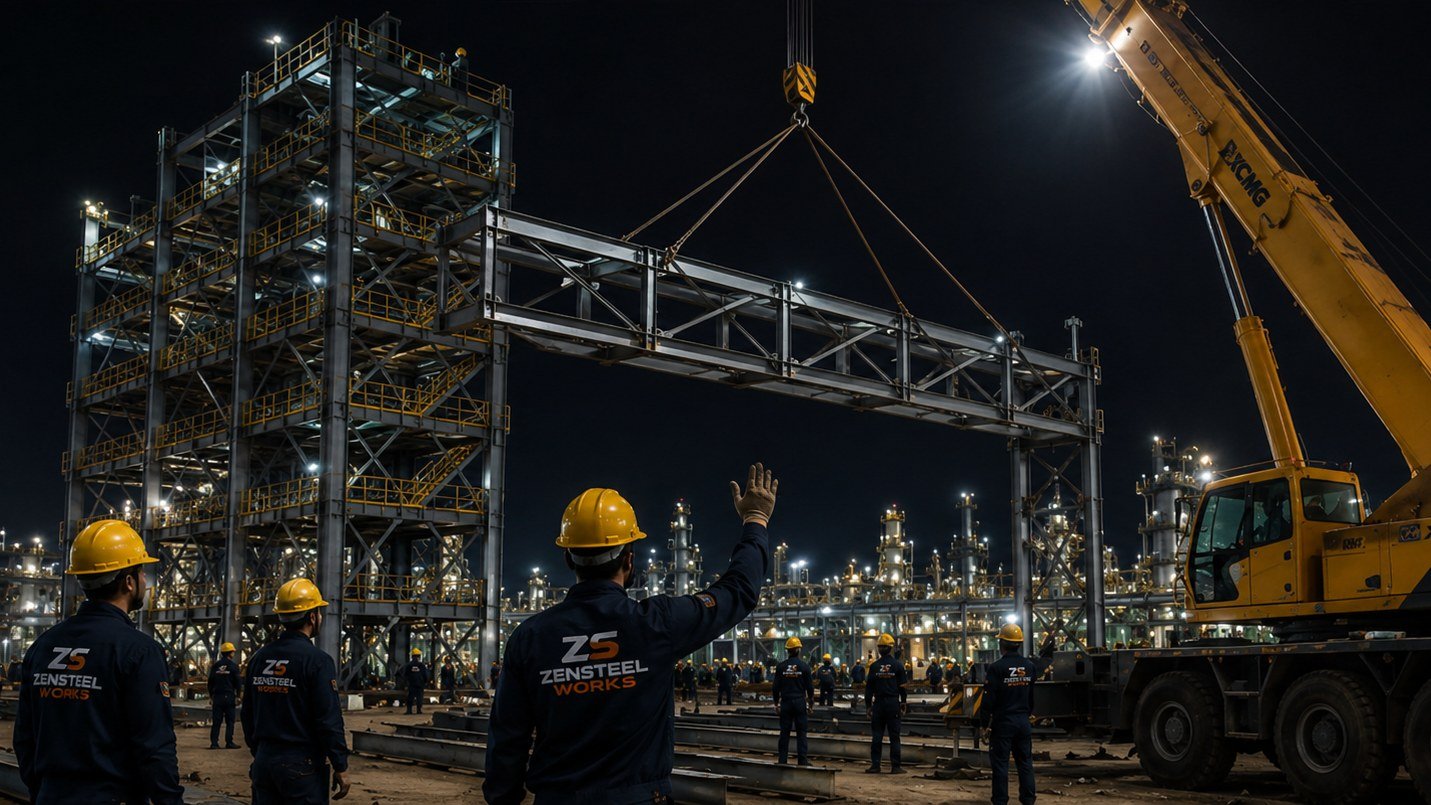 Mobile crane lifting a fabricated steel truss into a multi-level process structure at night, with the erection crew watching the lift from the laydown area