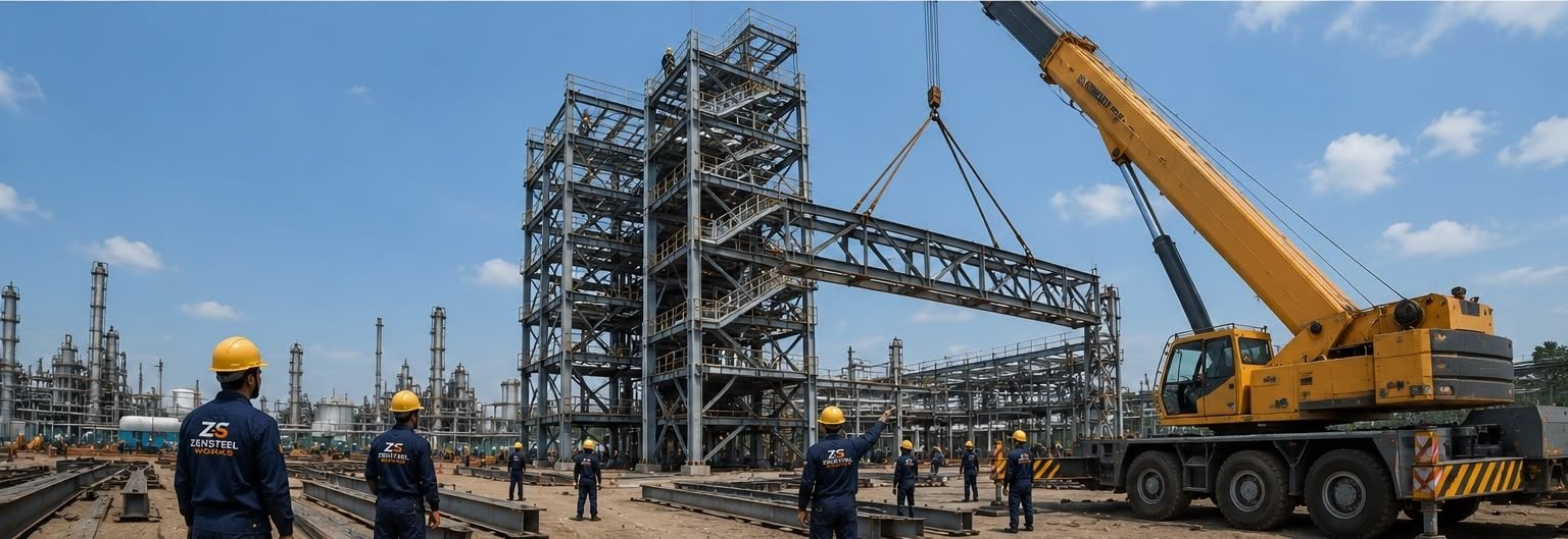 Mobile crane lifting a fabricated steel pipe rack module into position beside a multi-level process structure
