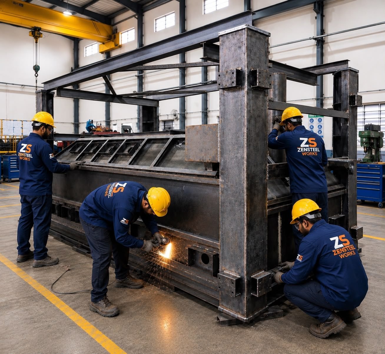 Fabricators grinding and fitting a large welded steel assembly under an overhead crane in the workshop