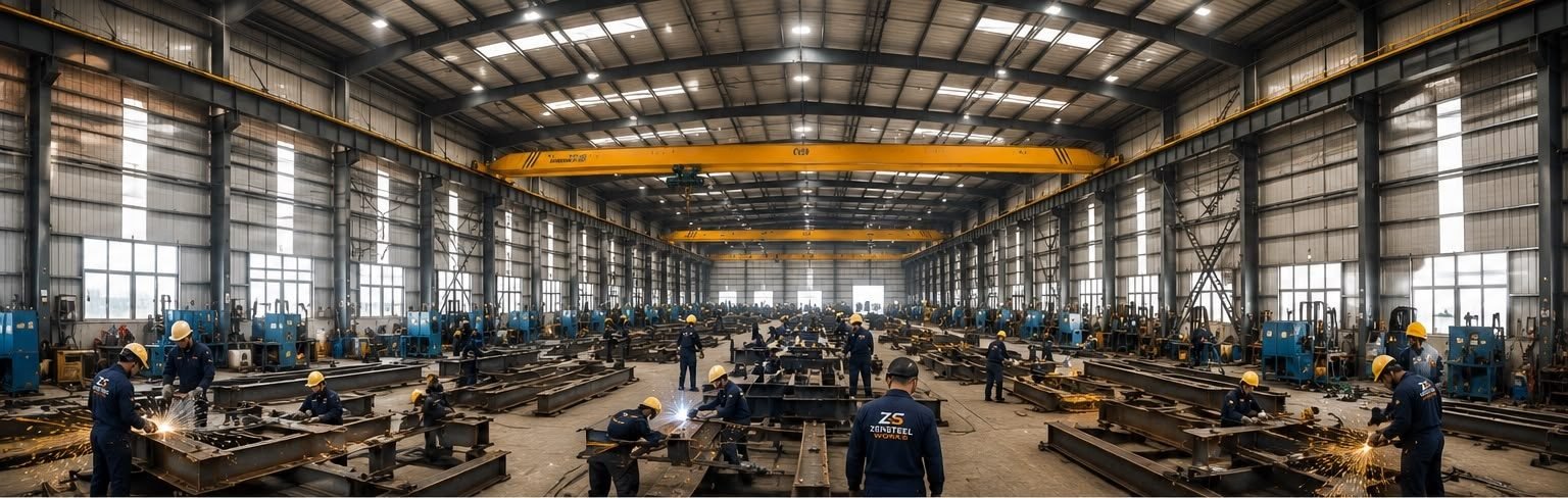 Fabrication bay with beams laid out along the floor and fabricators working beneath overhead travelling cranes