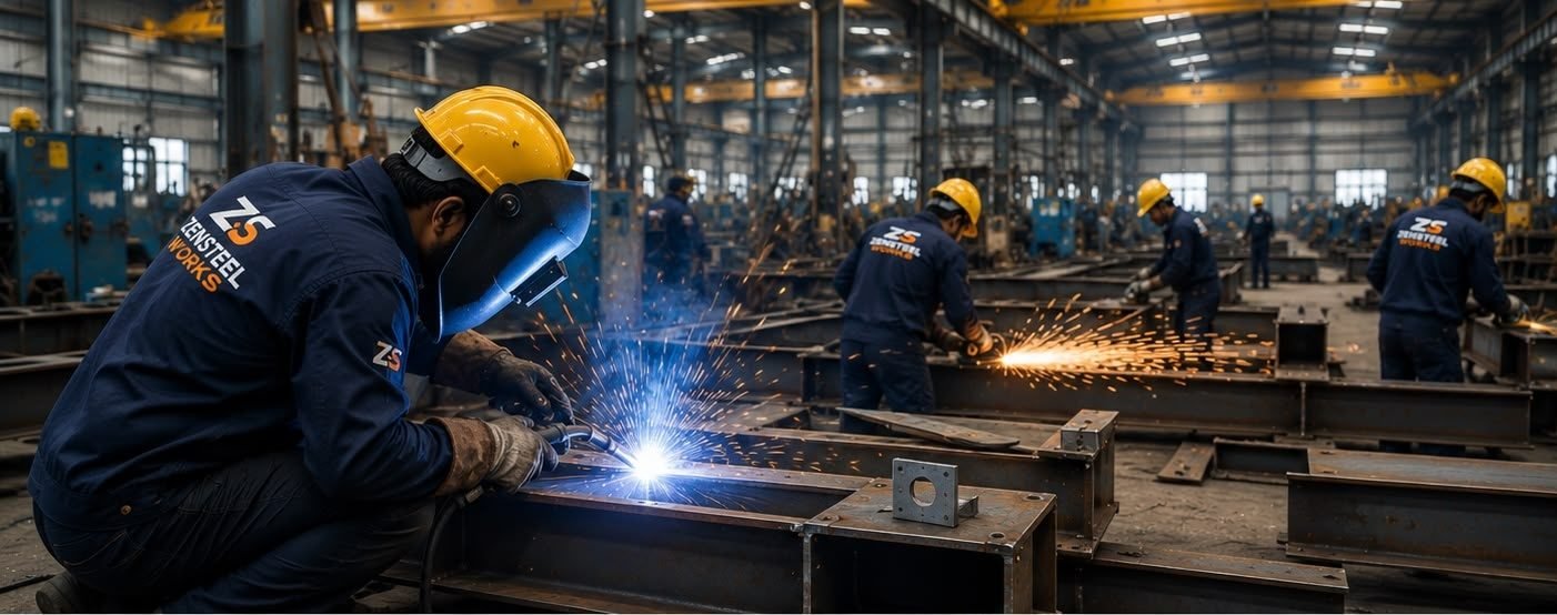 Welder joining a structural steel section with an arc welder while fabricators grind beams behind him