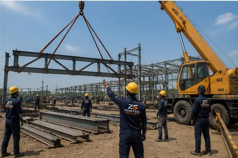 Mobile crane lifting a fabricated steel truss over a laydown area of prepared sections