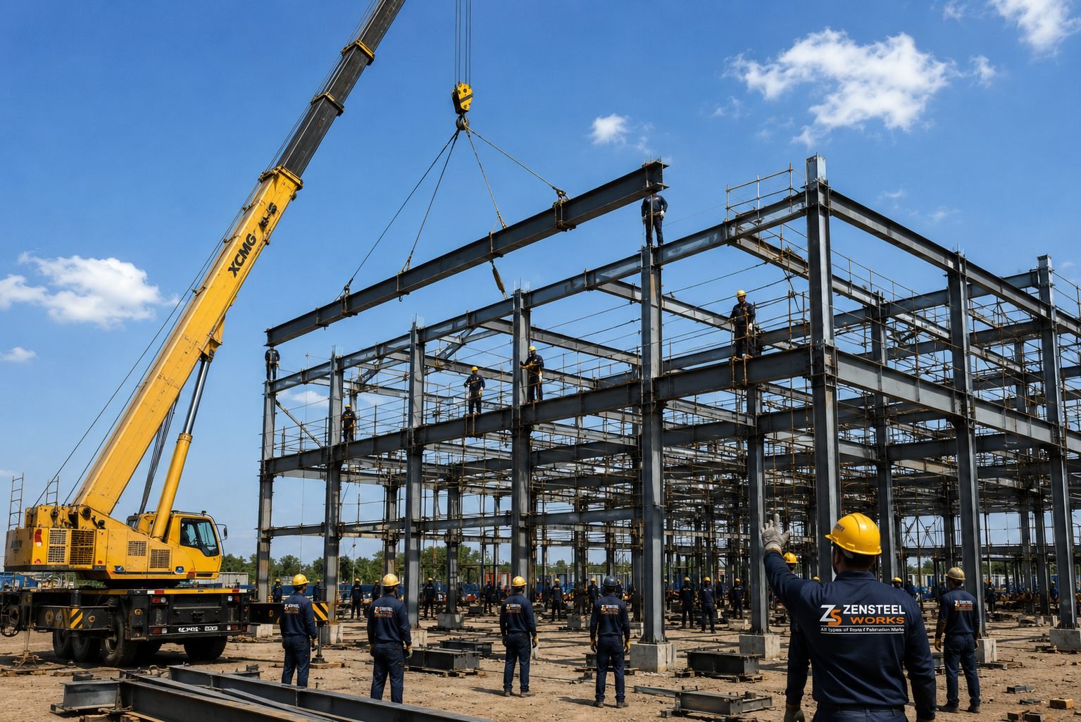 Multi-storey structural steel frame under erection with a mobile crane lifting a beam into place and riggers working on the steelwork